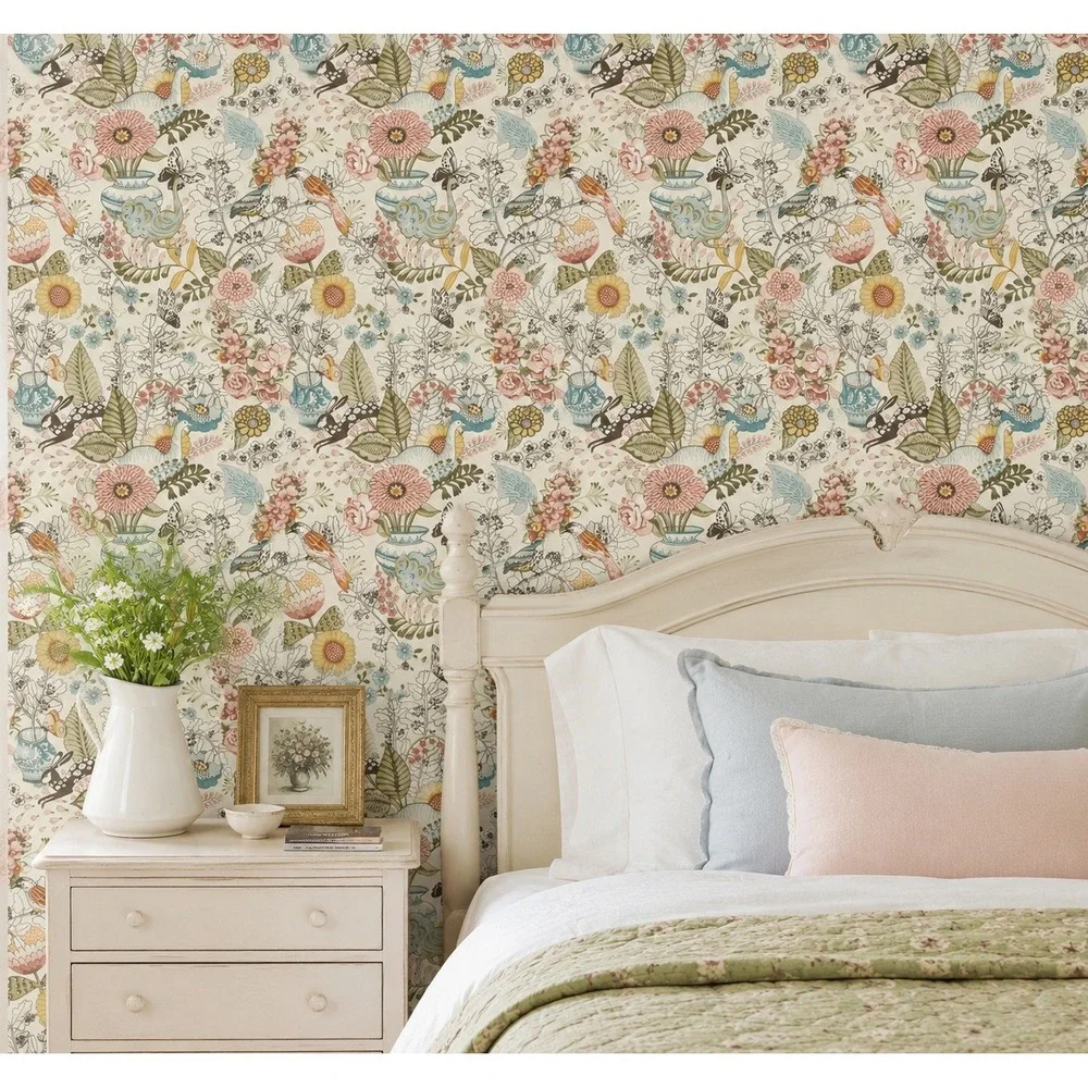 A Street Prints Bird Floral Wallpaper 56sqft SCH12802 Whimsy Pink Fauna